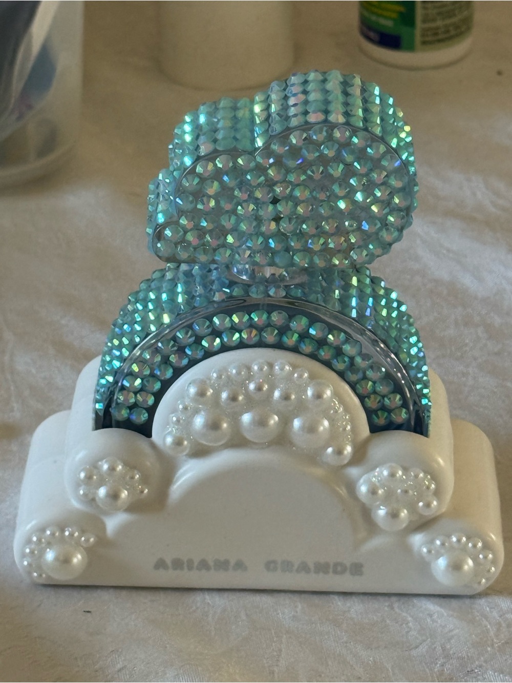 Ariana Grande White Pearl Aqua Rhinestone Accents Decorative piece-empty bottle - Picture 3 of 7